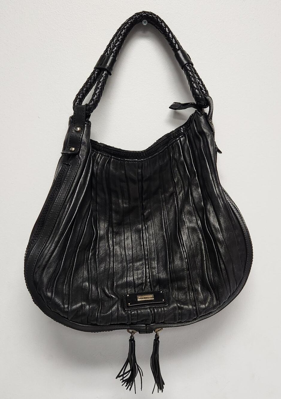 EMPORIO ARMANI Black Pleated Leather Expandable Hobo Handbag